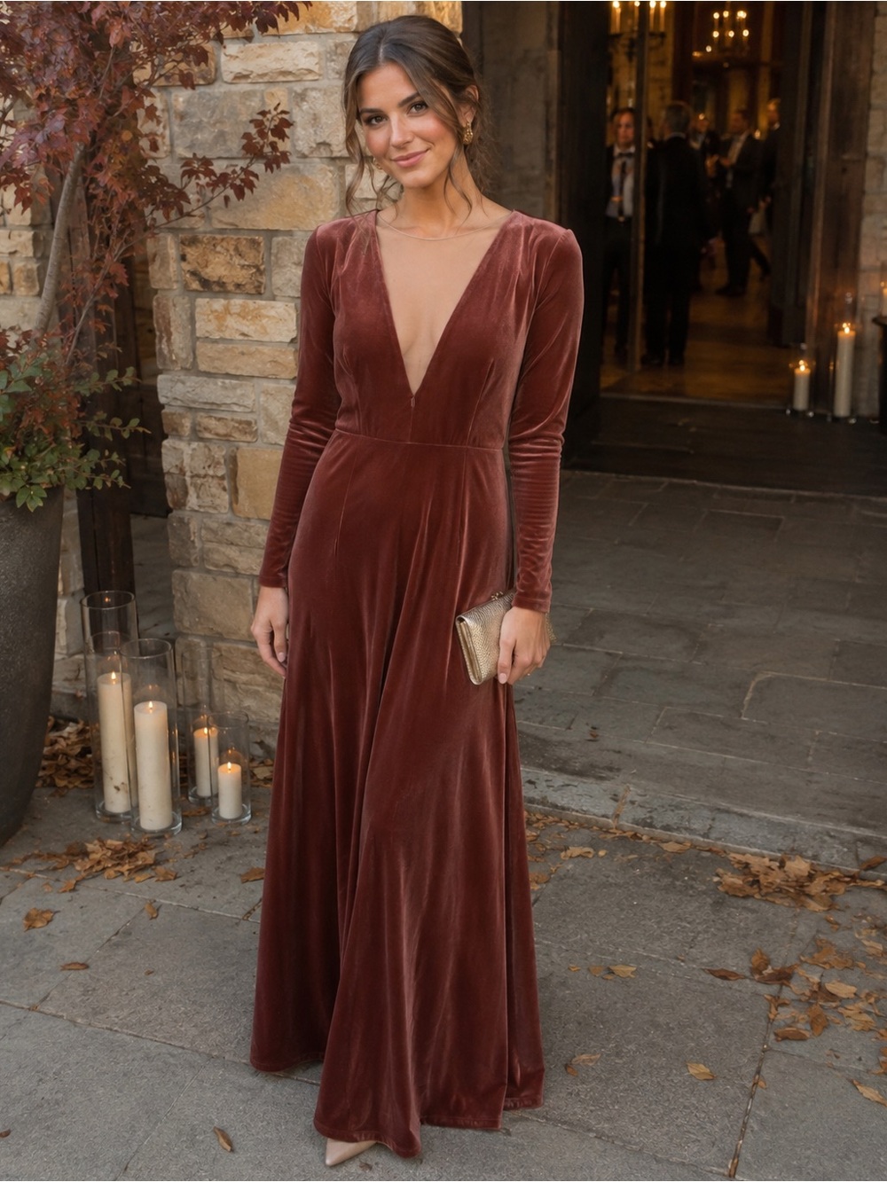 Jenny Yoo Collection Rust Velvet Long Sleeve Maxi Dress Size 12